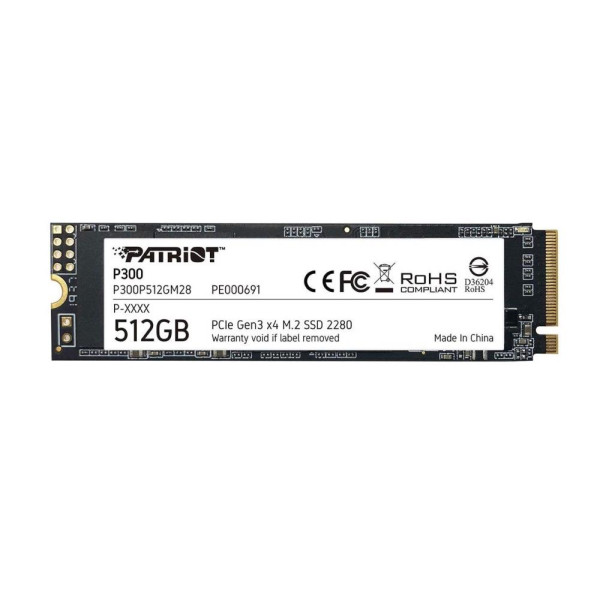 SSD PATRIOT P300 512GB M.2 PCIE NVMe 3D NAND Write speed 1200 MBytes/sec Read speed 1700 MBytes/sec 3.8mm TBW 240 TB P300P512GM2