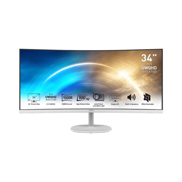 LCD Monitor MSI PRO MP341CQW 34" Business/Curved/21 : 9 Panel VA 3440x1440 21:9 100Hz Matte 4 ms Speakers Tilt Colour White PROM