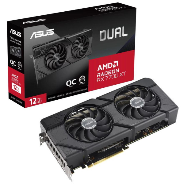 Graphics Card ASUS AMD Radeon RX 7700 XT 12 GB GDDR6 192 bit PCIE 4.0 16x Dual Slot Fansink 1xHDMI 3xDisplayPort DUAL-RX7700XT-O